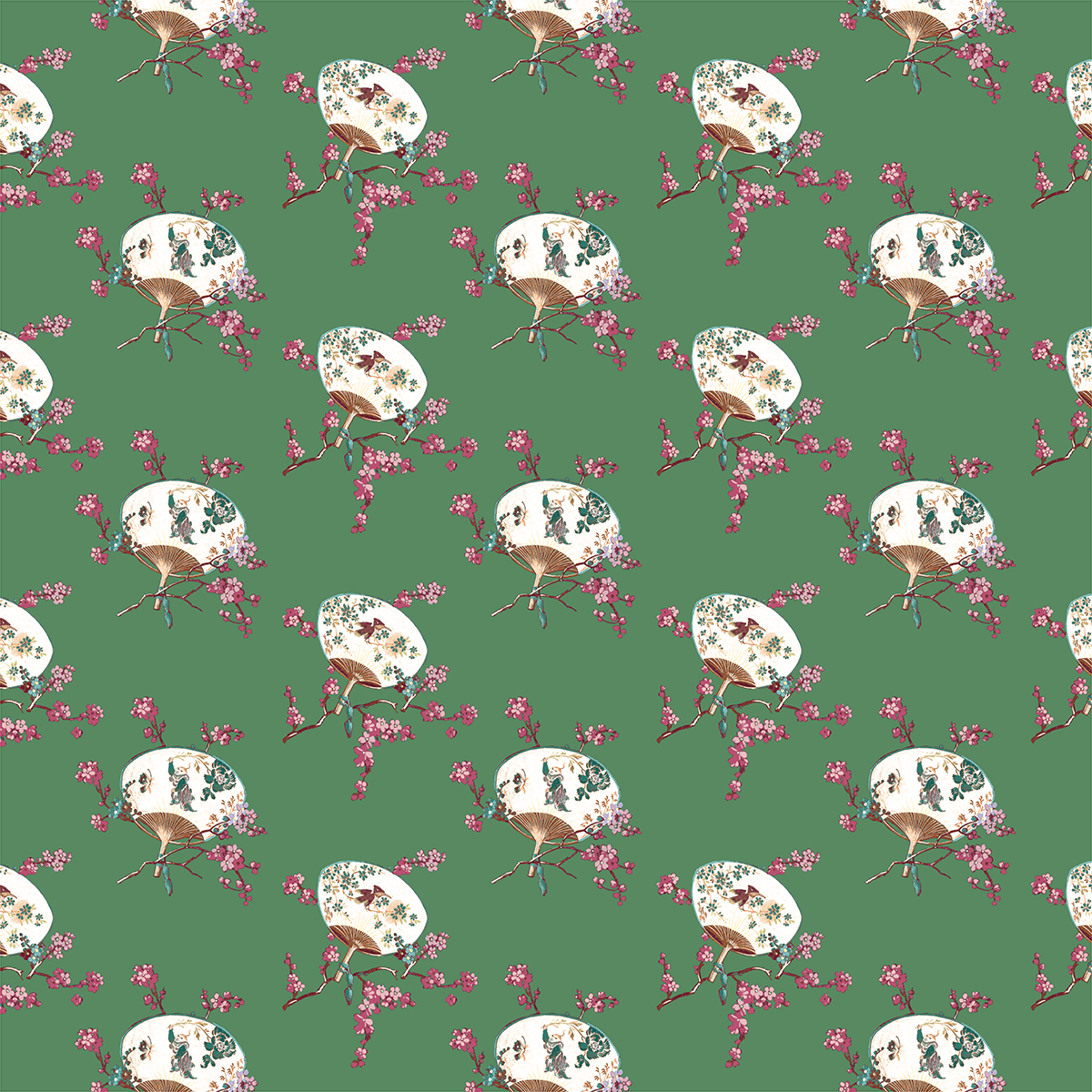 The 12x12 Lian Fans Green Cardstock (5 sheets) features a seamless pattern of white floral parasols and pink cherry blossoms on a green background—ideal for double-sided cardstock or archival projects.