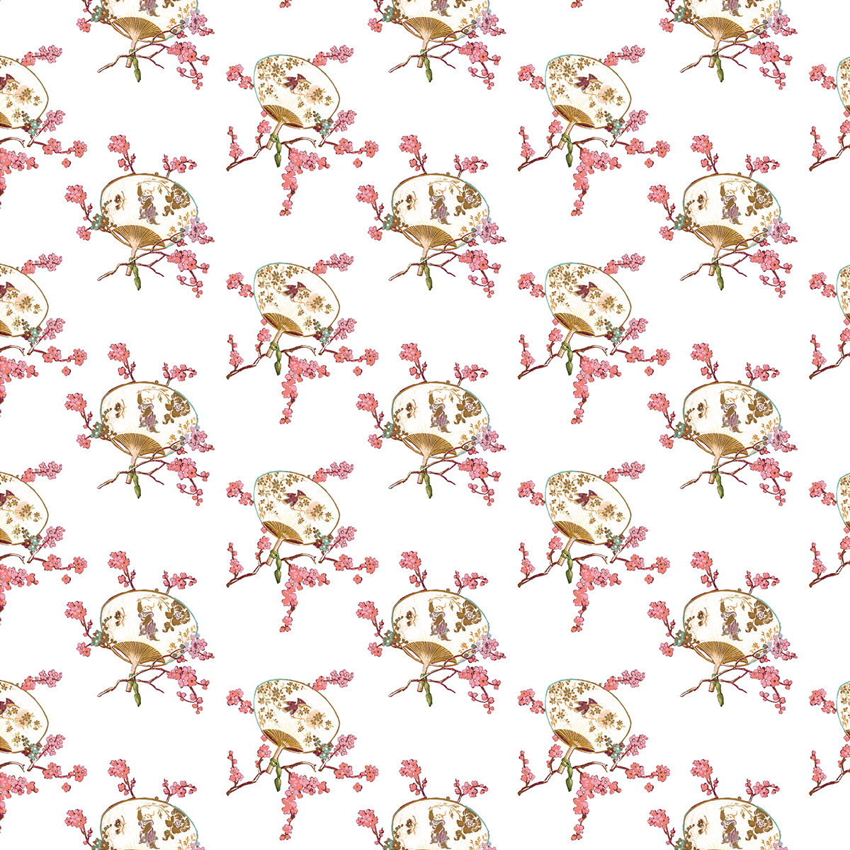 Repeating pattern of vintage teacups with cherry blossoms from the 12x12 Lian Fans White Cardstock (5 sheets), double-sided and archival-safe—ideal for elegant crafts against a crisp white background.