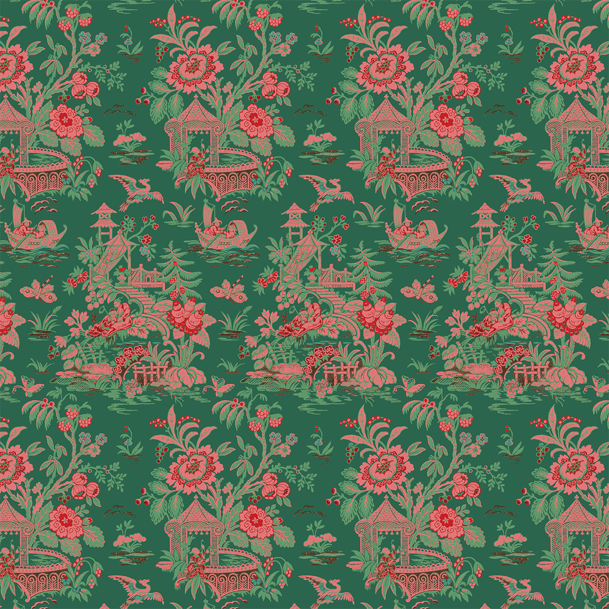 The 12x12 Lian Pagodas Green Cardstock (5 sheets) features an ornate floral and pagoda design with birds, in vibrant pink and green, double-sided for archival use.