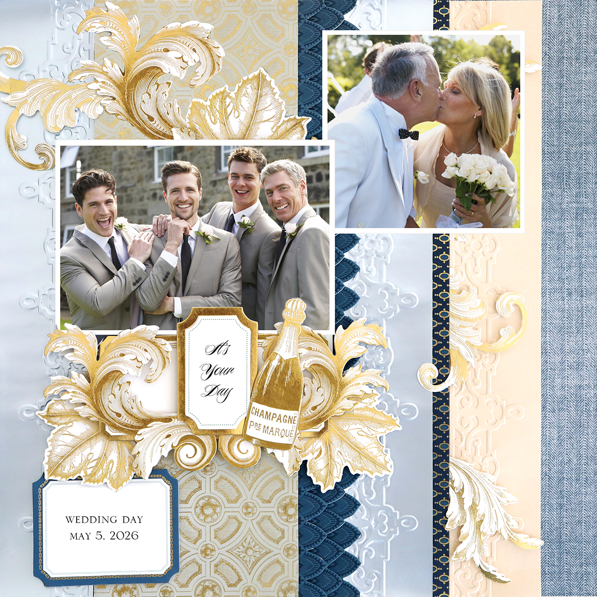 Collage of four groomsmen smiling and a couple kissing, accented by florals and "May 5, 2026," on a "12x12 Scrapbook Page For Him Blue Vertical Stripes Left" with photorealistic paper crafting.