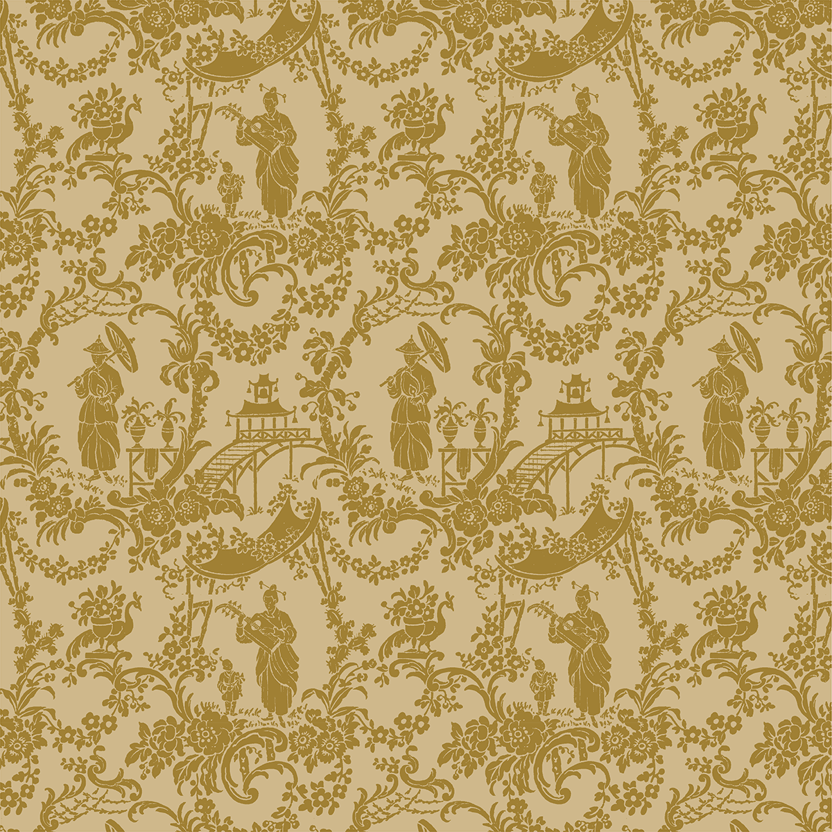 The 12x12 Lian Pagodas Blue Cardstock features Asian-inspired figures, bridges, flowers, and foliage in gold on a blue background—comes in a pack of 5 sheets, perfect for archival projects or double-sided crafting.