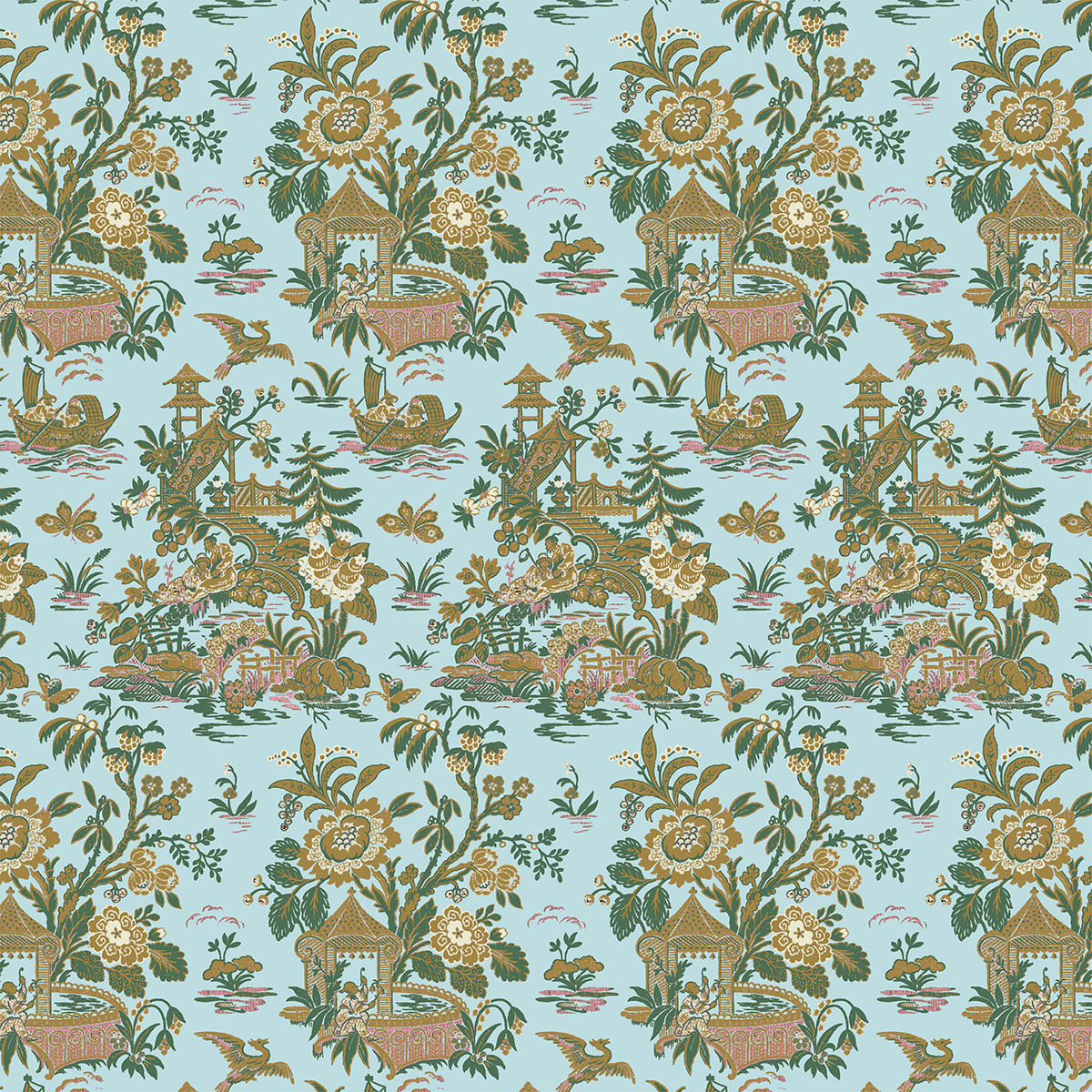 Repeating pattern of cottages, trees, flowers, birds, and butterflies in muted green, pink, and brown on a light blue background—12x12 Lian Pagodas Blue Cardstock (5 sheets), perfect for archival or double-sided projects.