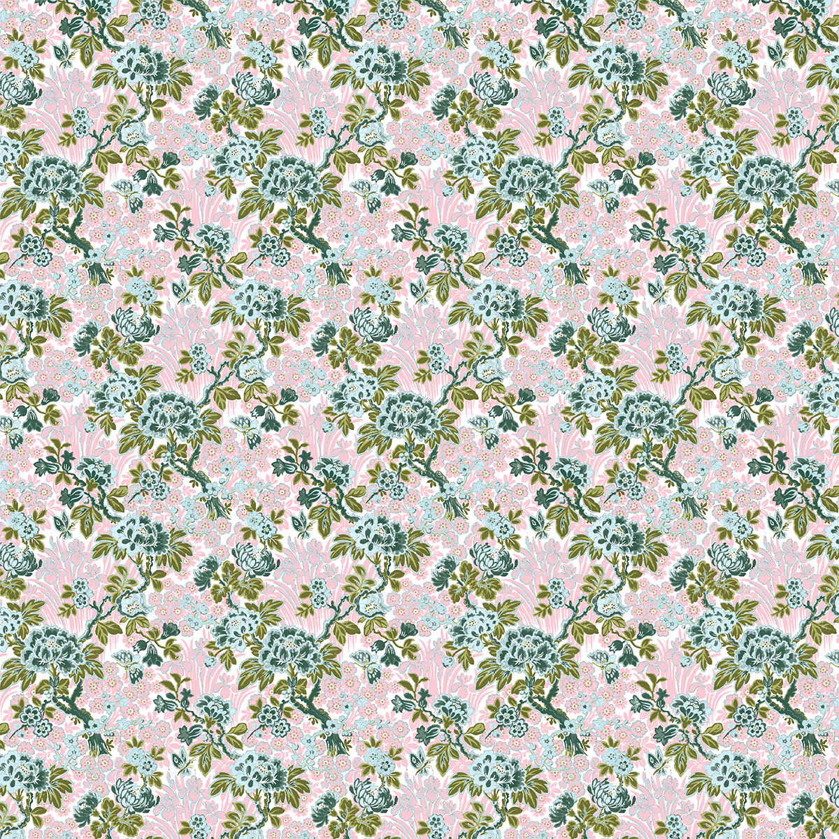 The 12x12 Lian Floral Branches Pink Cardstock (5 sheets) features green leaves and blue, pink, and white flowers on a pale pink background—ideal for archival use or double-sided cardstock projects.