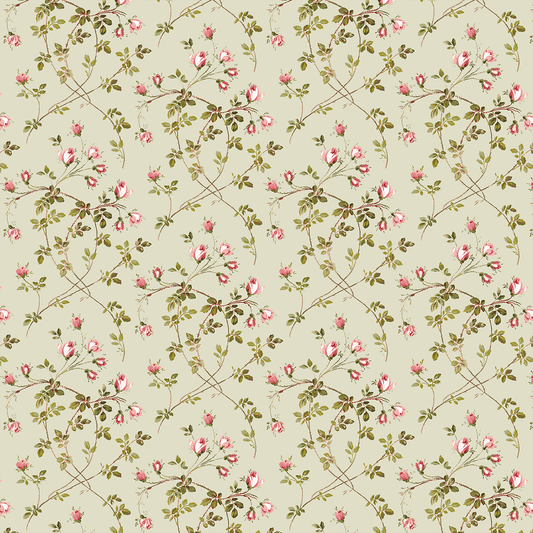 The 12x12 Francesca Floral Vine Green Cardstock (5 sheets) features a symmetrical vintage pink rose and green leaf pattern on beige—perfect for double-sided cardstock or archival projects.