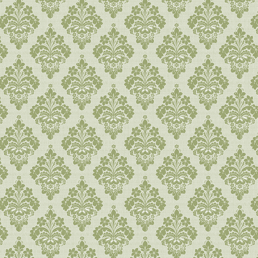 The 12x12 Francesca Damask Green Cardstock (5 sheets) features a classic repeating green damask floral pattern on a light background, ideal for double-sided projects and archival use.