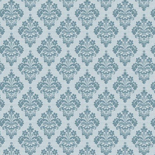 The 12x12 Francesca Damask Blue Text Paper (5 sheets) features a repeating blue damask floral design on light blue, inspired by the Francesca collection and printed on premium archival paper for classic, symmetrical decor.