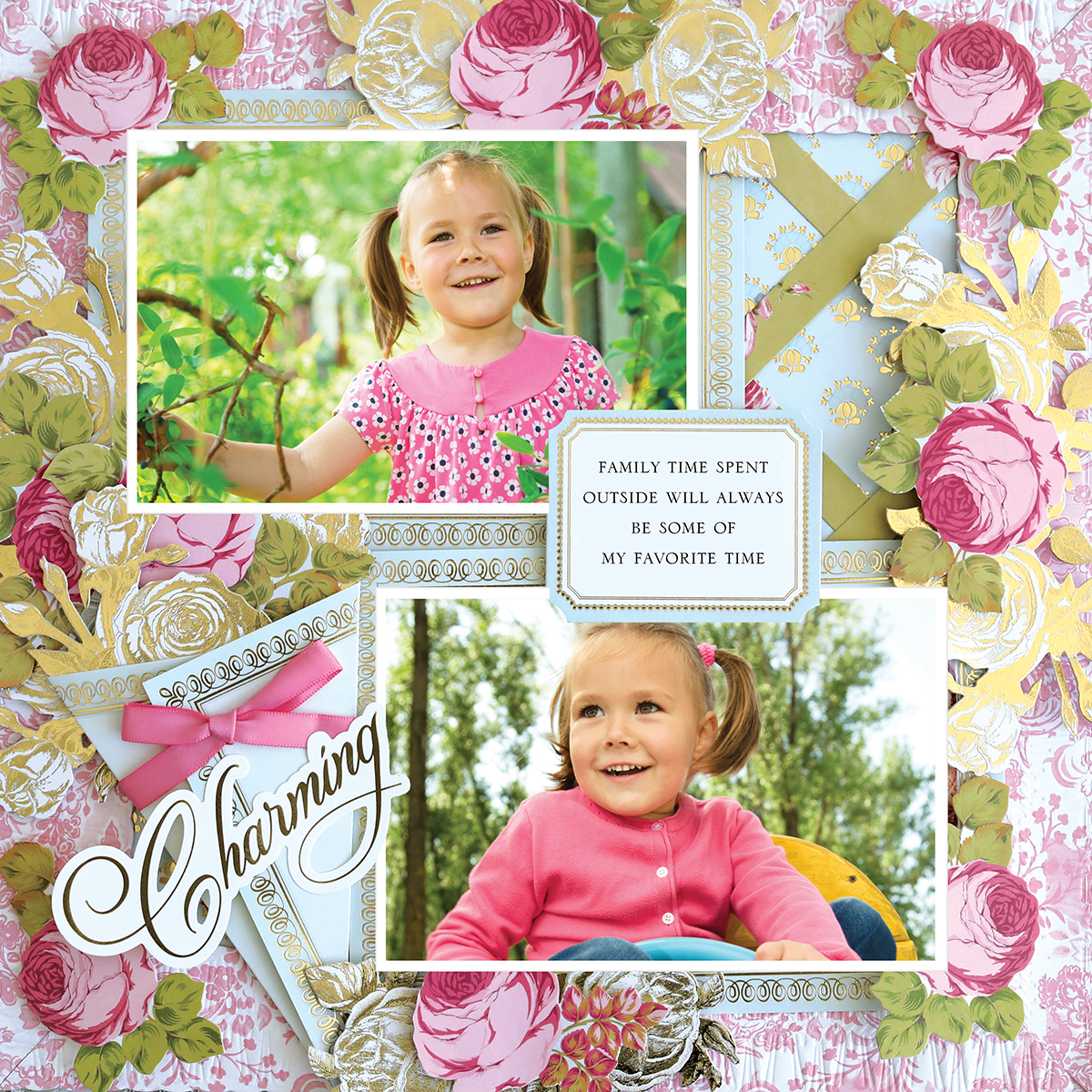 The 12x12 Scrapbook Page Rose Tussie Mussie Left displays two outdoor photos of a smiling girl, adorned with floral accents and an uplifting family quote—ideal for photo realistic paper crafters.