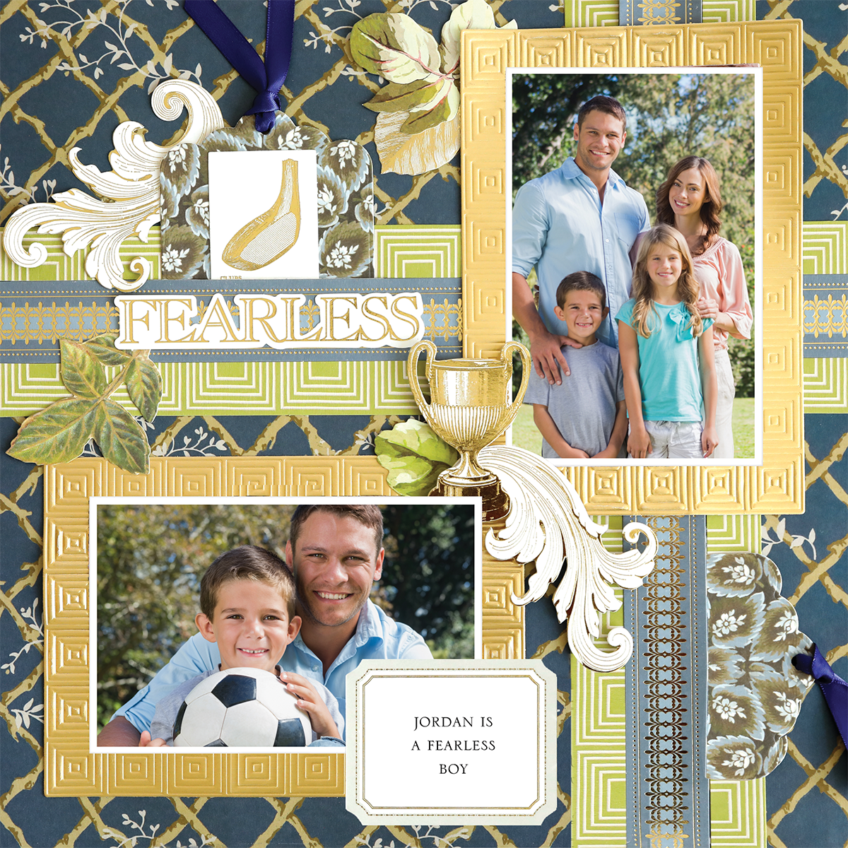 Photo-realistic paper crafting shines on the 12x12 Scrapbook Page Jack Navy Lattice Left, featuring two framed photos—a family and a father/son with a soccer ball—plus a golden trophy and the word "FEARLESS.