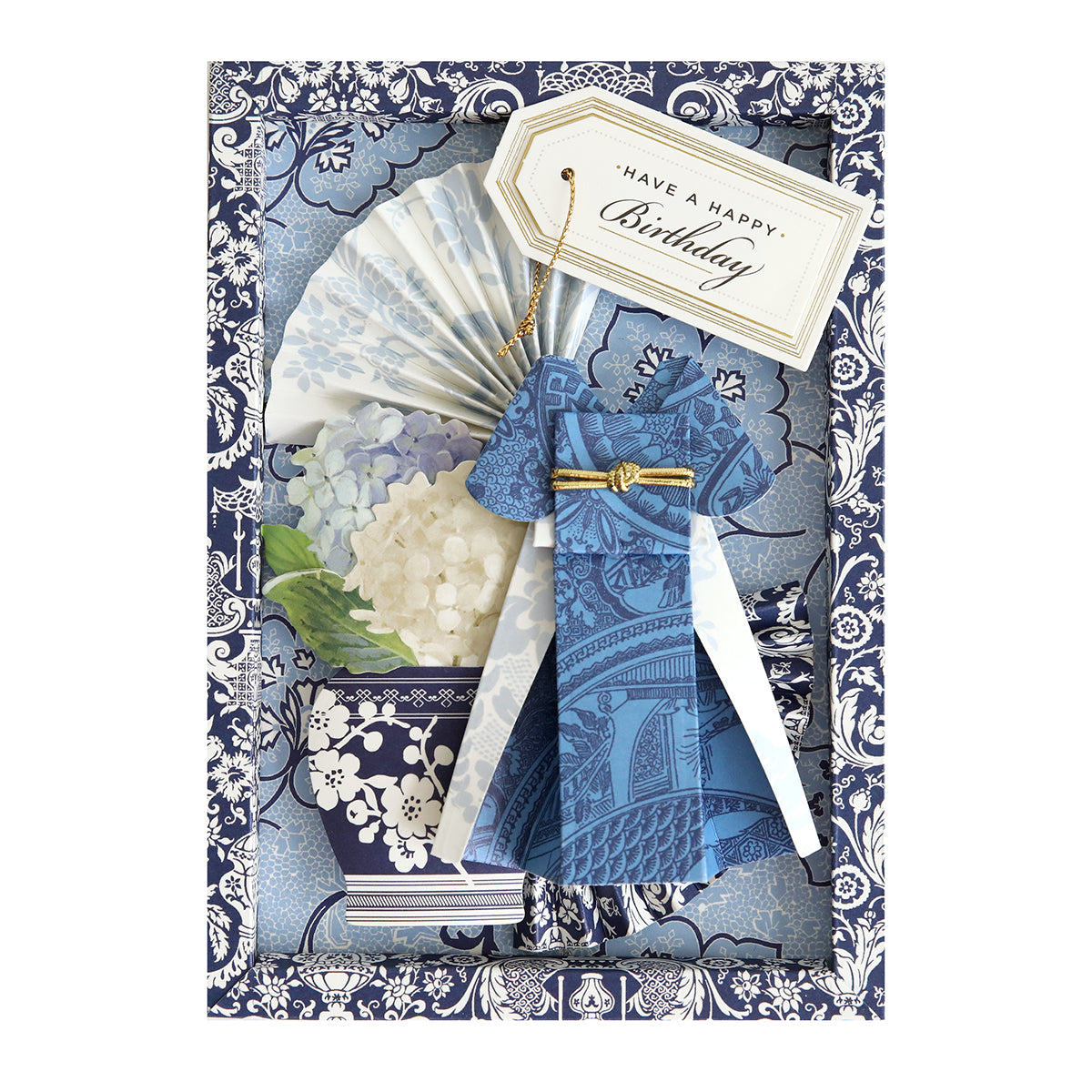 A blue and white birthday card with a fan design made using Paper Dress Dies.