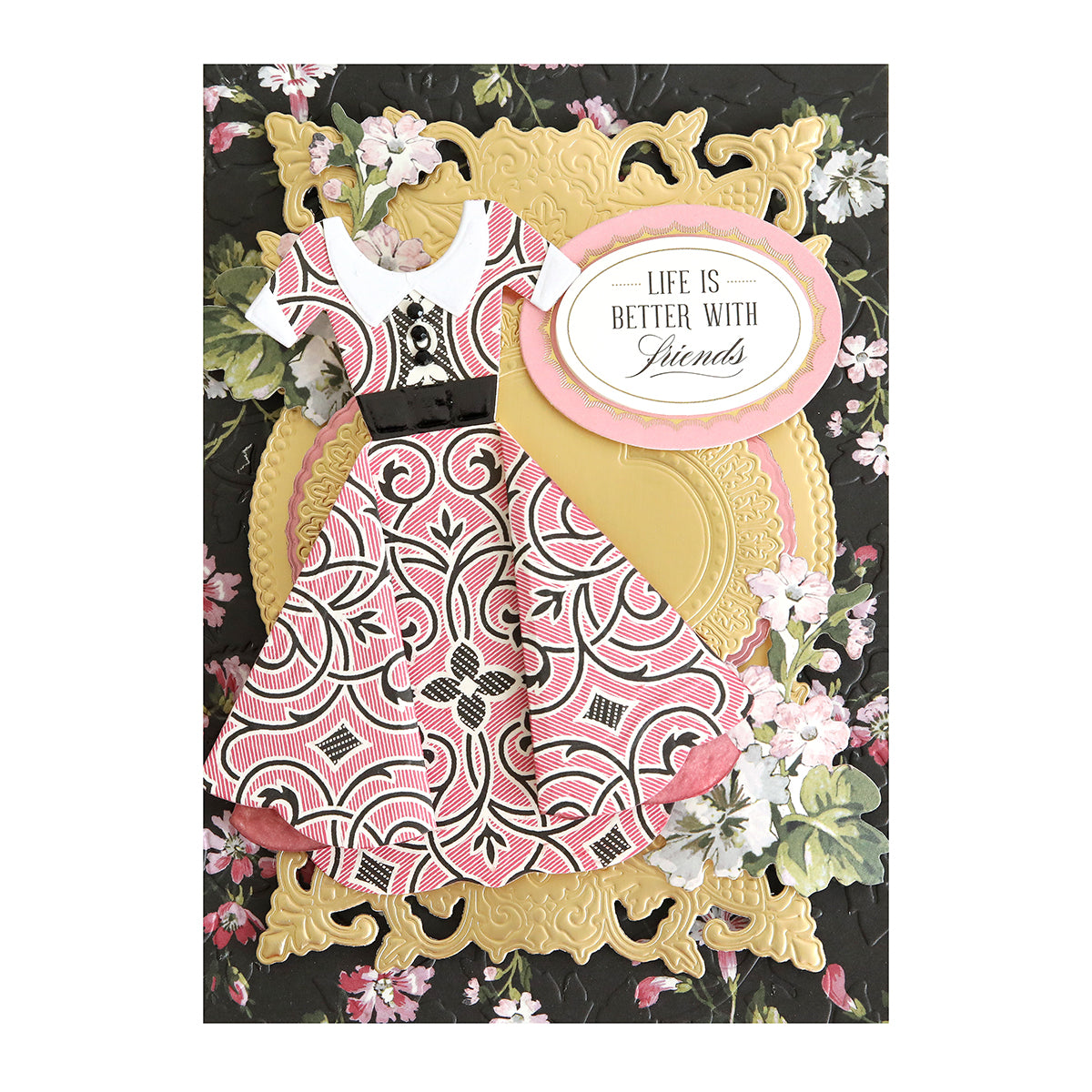 A card with Paper Dress Dies and flowers.