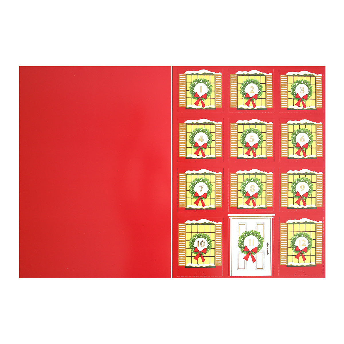 The Paper Ornaments Advent Calendar features twelve numbered doors, each adorned with a wreath, red bow, and gold beads. The left side is plain red cardstock without any design.