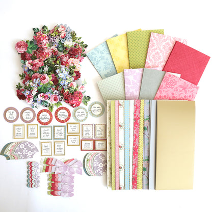 Assorted Paper Sneakers Refill Kit including patterned papers, stickers, 3D sentiments, and decorative elements arranged in layers on a white background.
