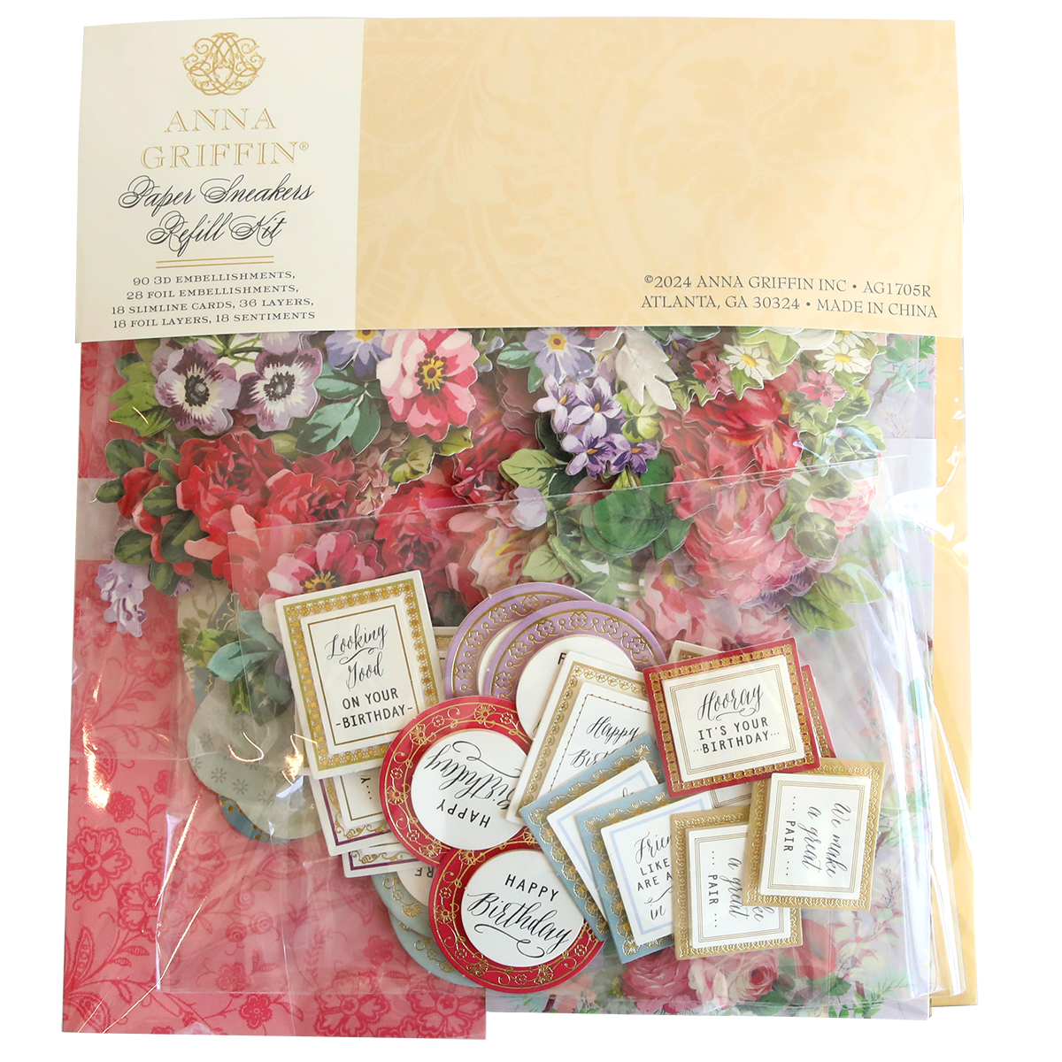 Package of floral and birthday-themed craft embellishments with 3D Sentiments by Paper Sneakers Refill Kit.