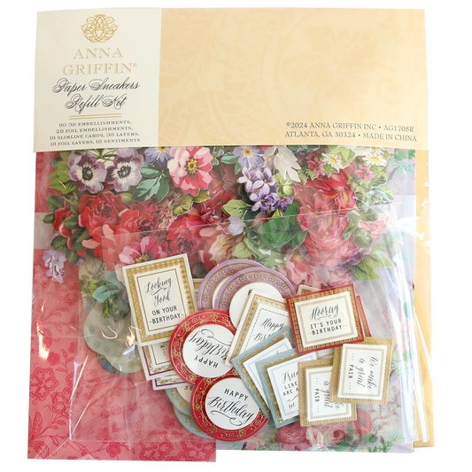 Package of floral and birthday-themed craft embellishments with 3D Sentiments by Paper Sneakers Refill Kit.