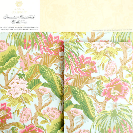 Two sheets of Paradise Cardstock Collection with pink, green, and yellow floral tropical patterns—ideal for summer-themed crafts and creative projects.