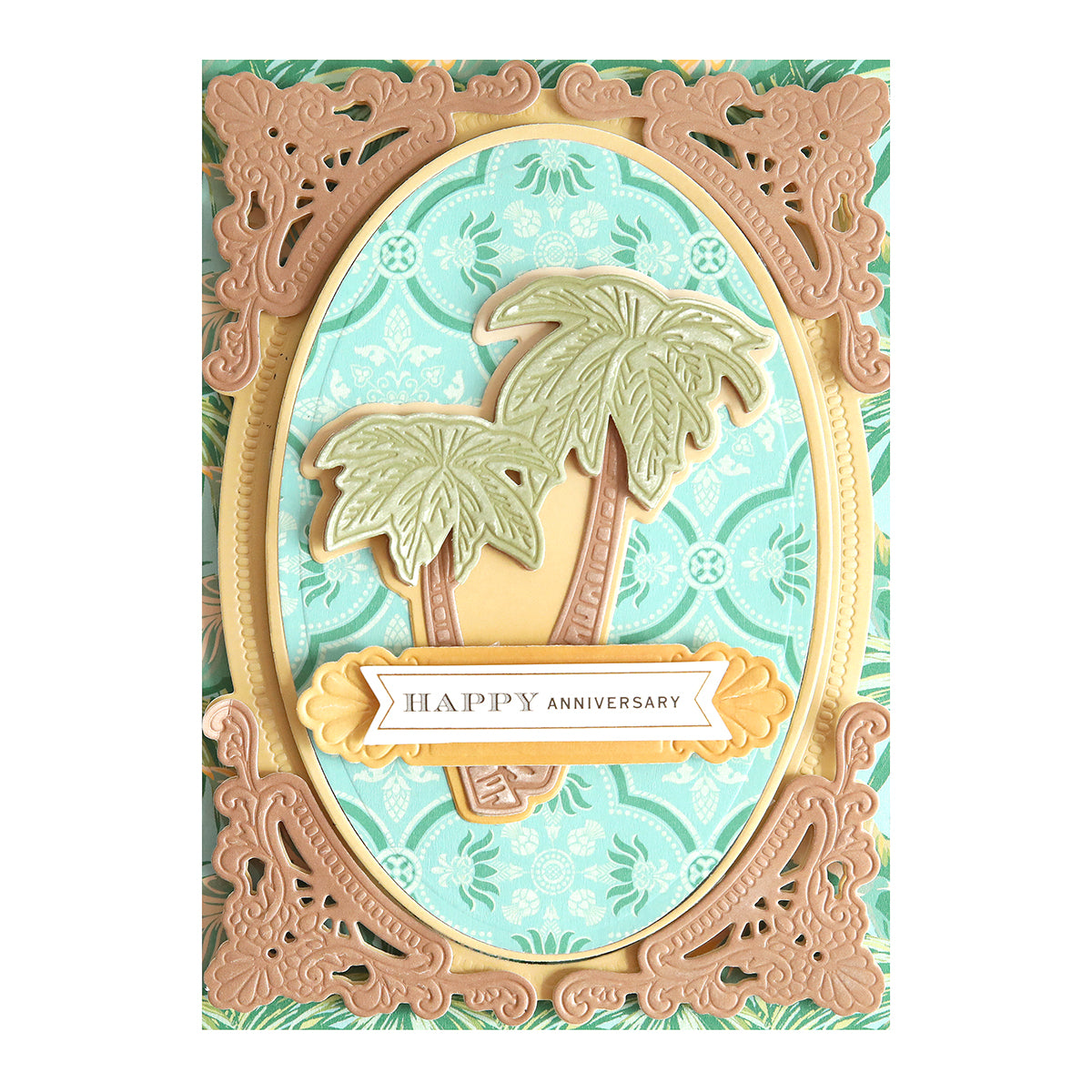 Anniversary card with ornate gold and brown borders, turquoise patterned background, and two palm trees; printed on premium Paradise Cardstock Collection. Text reads "Happy Anniversary." Perfect for summer crafts and special occasions.