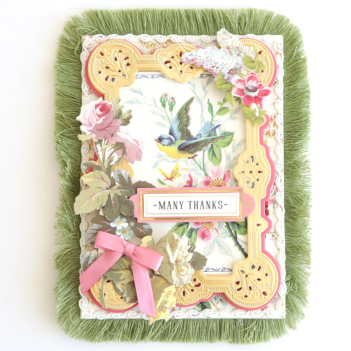 Elaborate handmade thank you card with floral and bird design, adorned with a ribbon and Perfect Palette Fringe.
