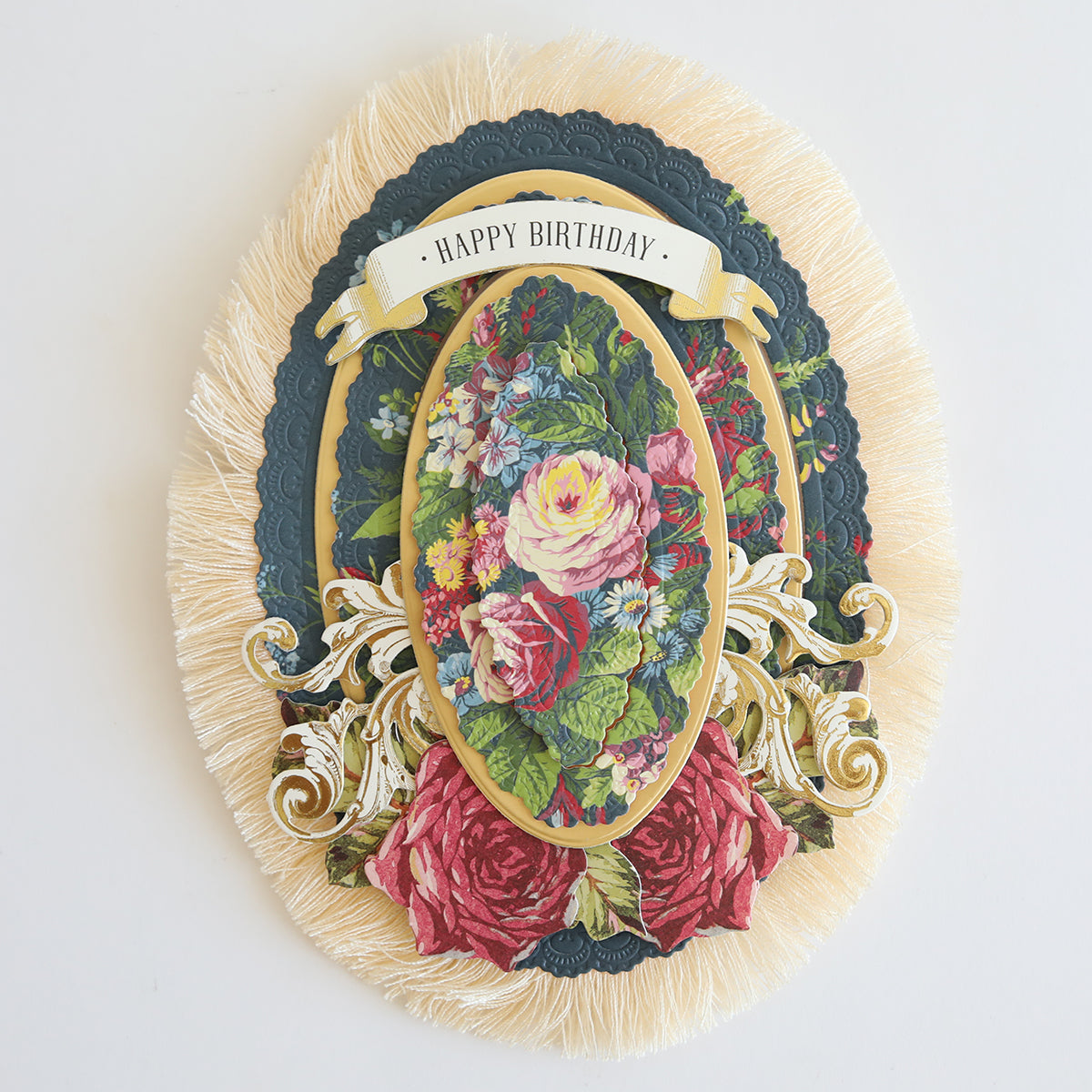 An ornate Perfect Palette Fringe birthday card with floral design and a "happy birthday" banner.
