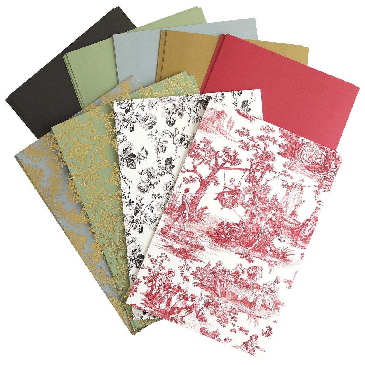 A selection of patterned and solid Toile Doublesided 300gsm Cardstock sheets are fanned out and overlapping—ideal for creating boxes or crafting with Perfume Box Dies.