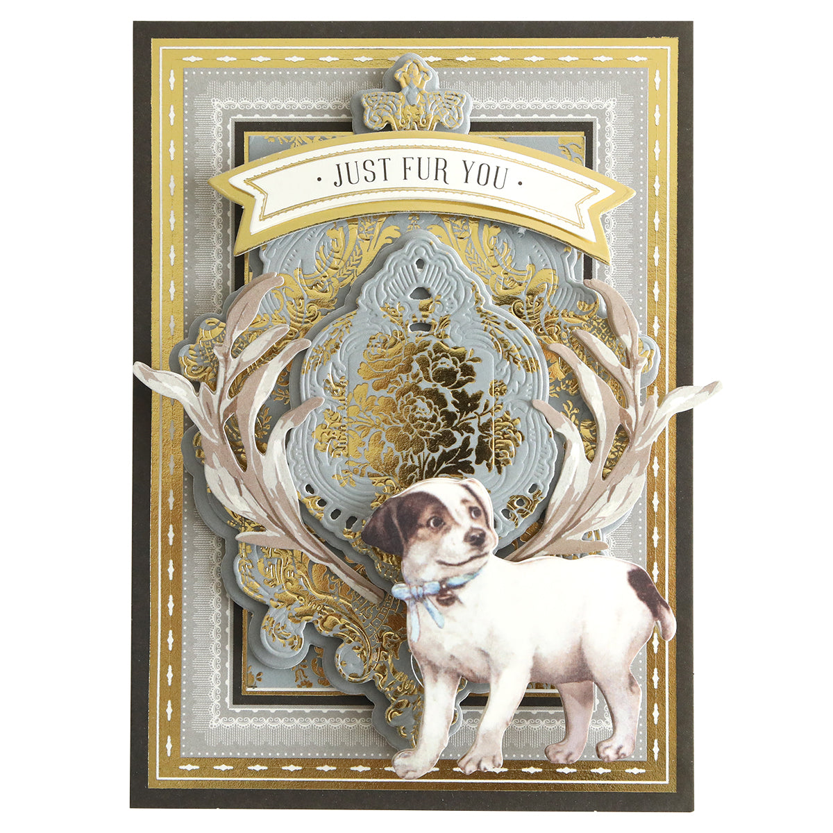 Greeting card with ornate gold and silver accents, a "Just Fur You" banner, and a dog in a blue collar—ideal for pairing with handmade gift boxes made from Toile Doublesided 300gsm Cardstock.
