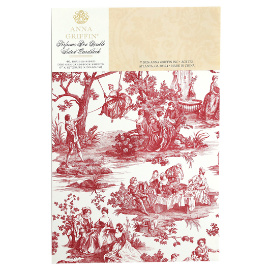 A decorative double-sided 300gsm cardstock featuring intricate red pastoral scenes with people and trees, labeled "Toile Doublesided 300gsm Cardstock"—ideal for making boxes or pairing with Perfume Box Dies.