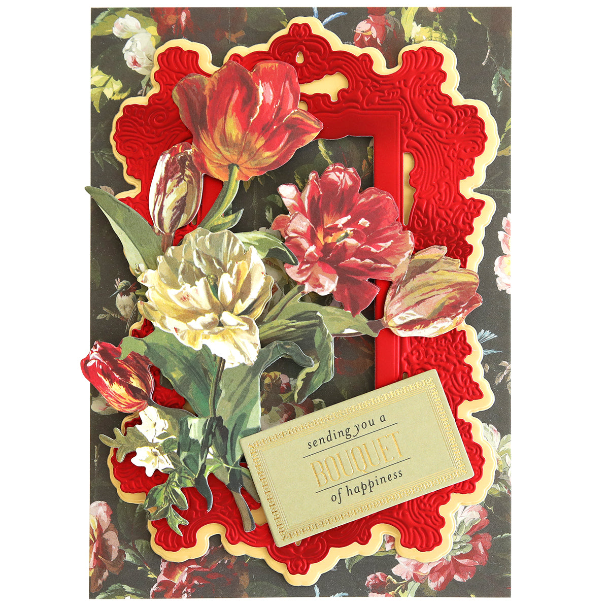 A decorative greeting card from Phoebe Luxury Matte Foil Cardstock 8x12, with intricate cutouts featuring red and white flowers, crafted on matte foil cardstock, and a message saying, "sending you a bouquet of happiness.