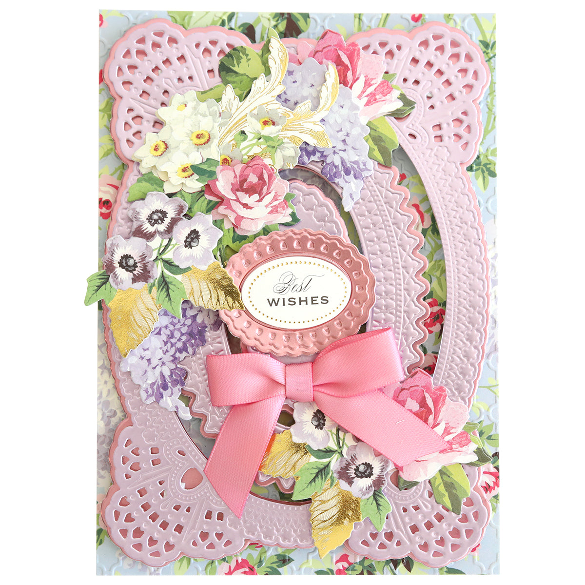 A decorative "Best Wishes" card featuring the Phoebe Luxury Matte Foil Cardstock 8x12, with intricate pink lace-like cutouts, floral accents, and a pink bow on matte foil cardstock. Perfect for crafting projects.