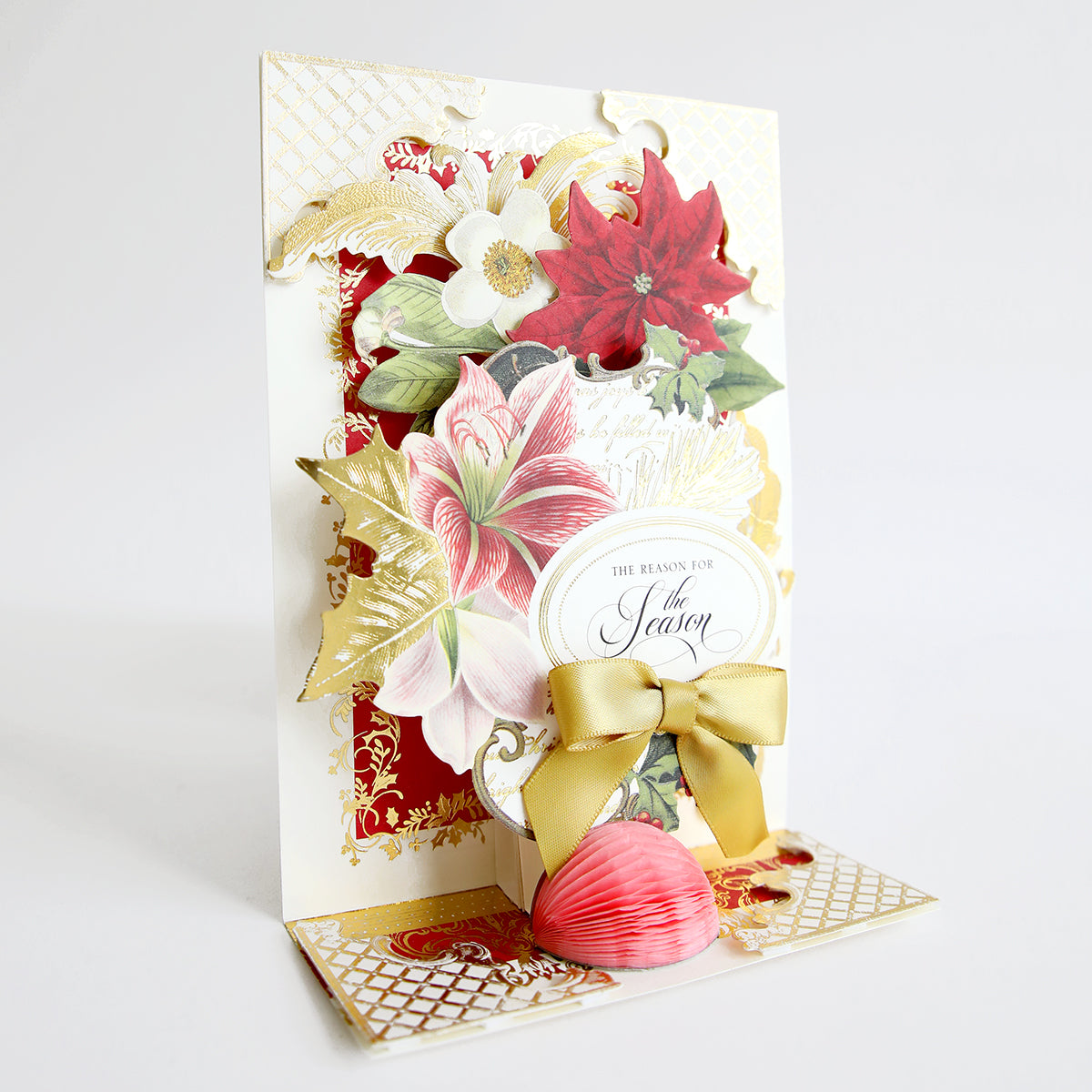A vintage inspired Pulley Honeycomb and Card Supplies Christmas card with gold and red decorations, by Anna Griffin.