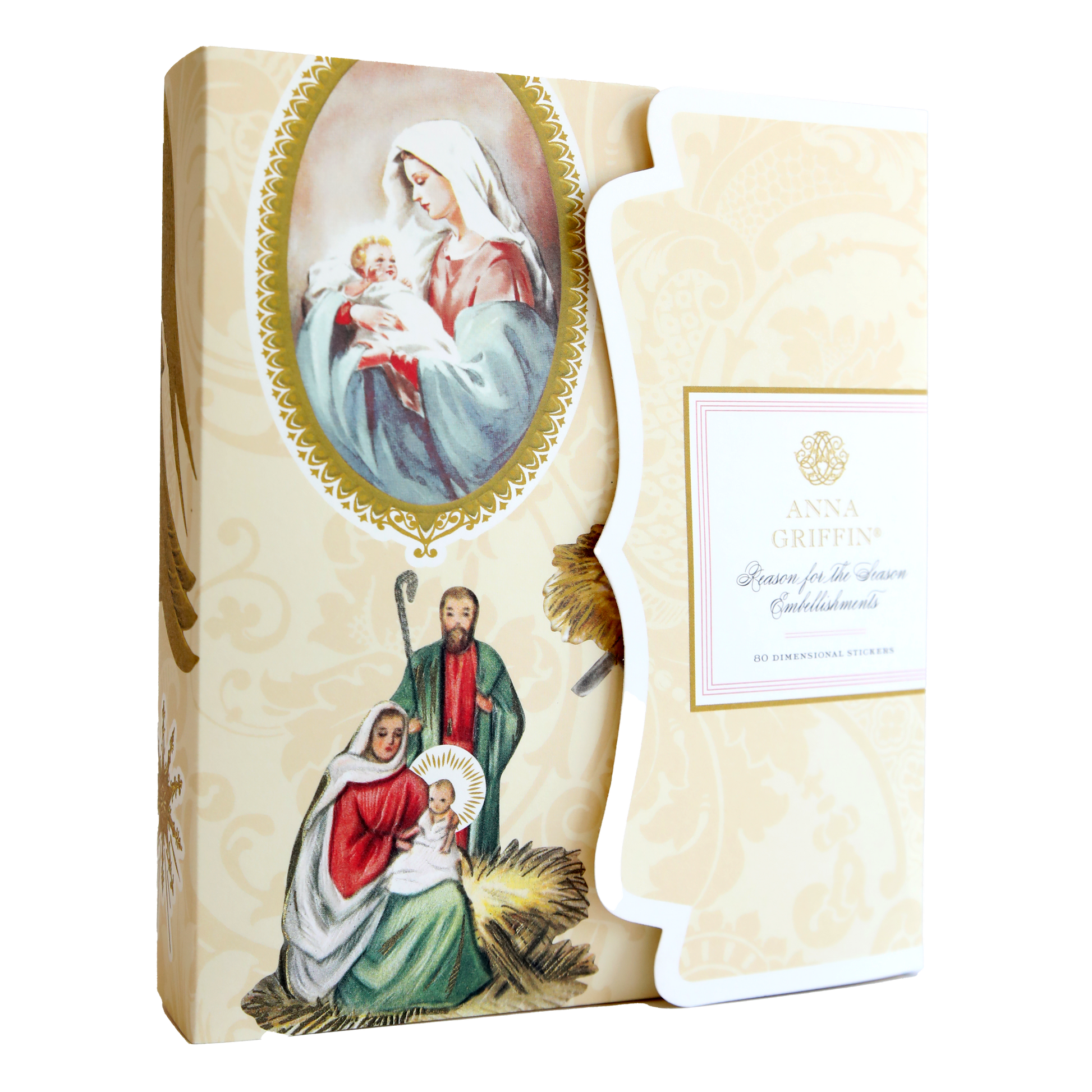 Decorative box depicting Mary, Joseph, and baby Jesus, perfect for storing Christmas cards or as a storage folio. Label: "Anna Griffin Nativity 20 Dimensional Stickers," from the Reason for the Season Embellishments.