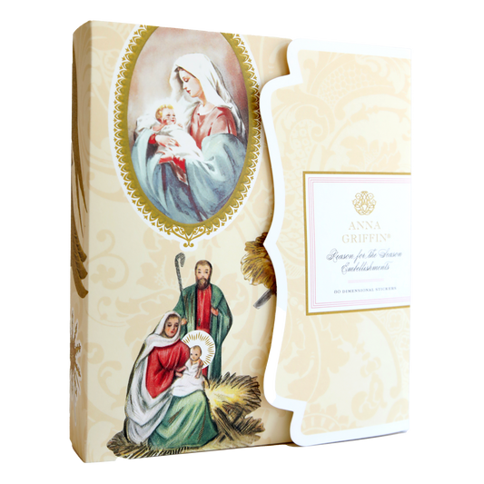 Decorative box depicting Mary, Joseph, and baby Jesus, perfect for storing Christmas cards or as a storage folio. Label: "Anna Griffin Nativity 20 Dimensional Stickers," from the Reason for the Season Embellishments.