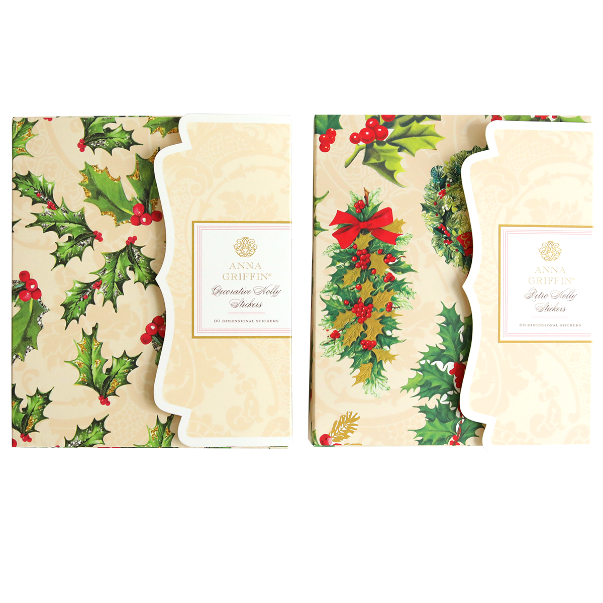 A festive collection of Christmas cards adorned with the Retro Holly Sticker Bundle and designed for a seasonal craft project.