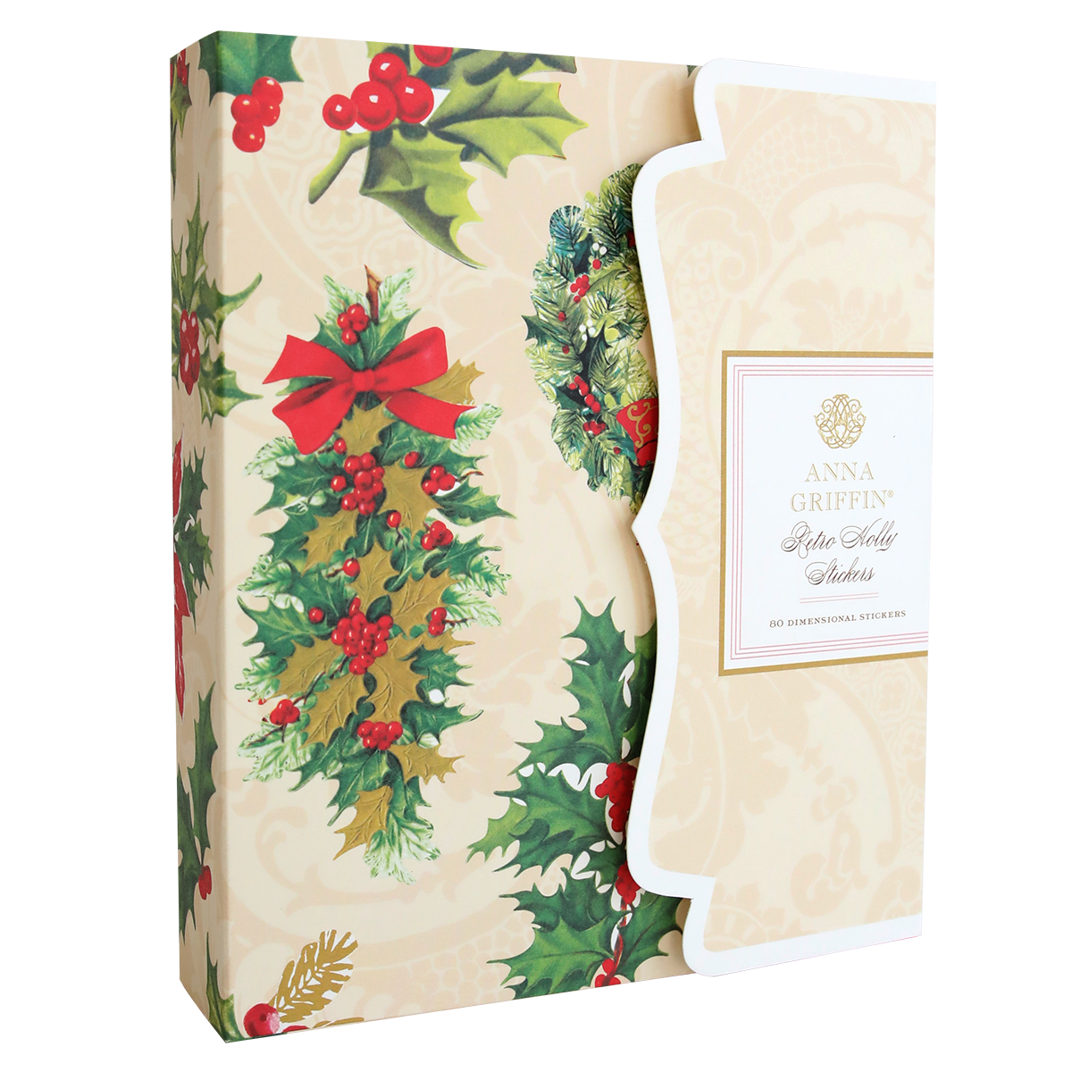 A Retro Holly Sticker Library adorned with holly and berries, featuring 3D stickers of holly leaves and berries for a festive touch. Perfect for a seasonal craft project or as a holiday gift box.