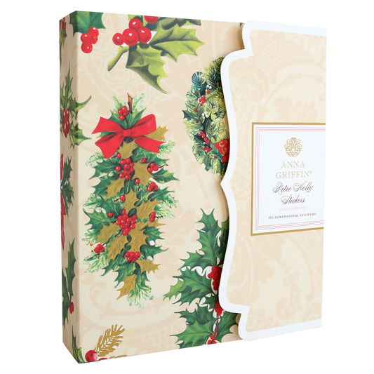 A Retro Holly Sticker Library adorned with holly and berries, featuring 3D stickers of holly leaves and berries for a festive touch. Perfect for a seasonal craft project or as a holiday gift box.