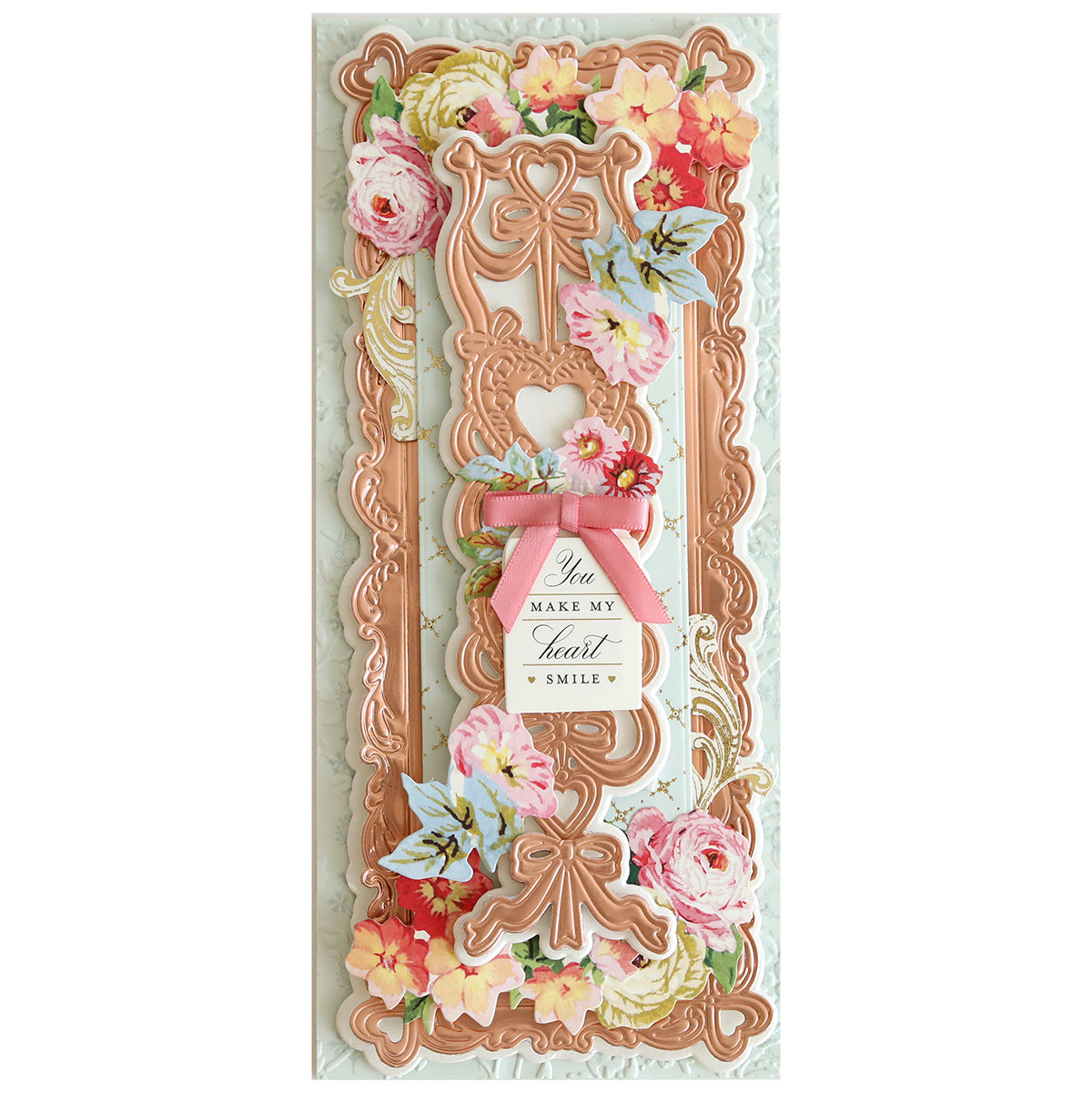 A Valentine's Day card adorned with delicate flowers and the Ribbon of Hearts Slimline Dies.