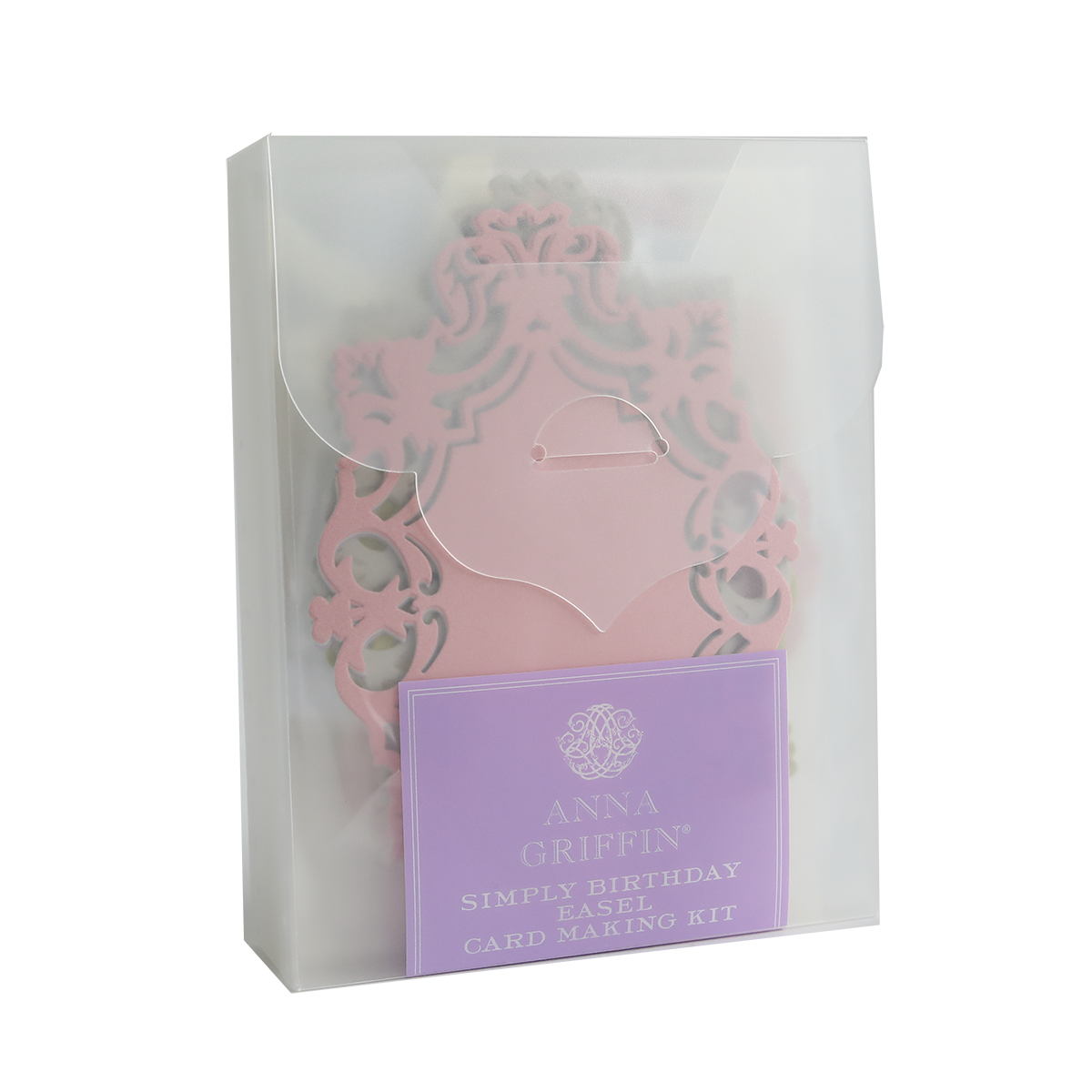 A pink and white candle in a Simply Birthday Easel Card Making Kit package.