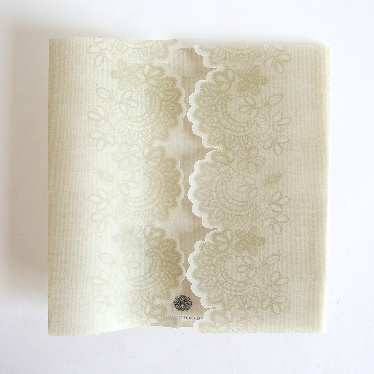 A 10-pack of Platinum Vellum Lace Gatefolds in light beige, featuring floral lace patterns and scalloped edges, displayed against a white background.