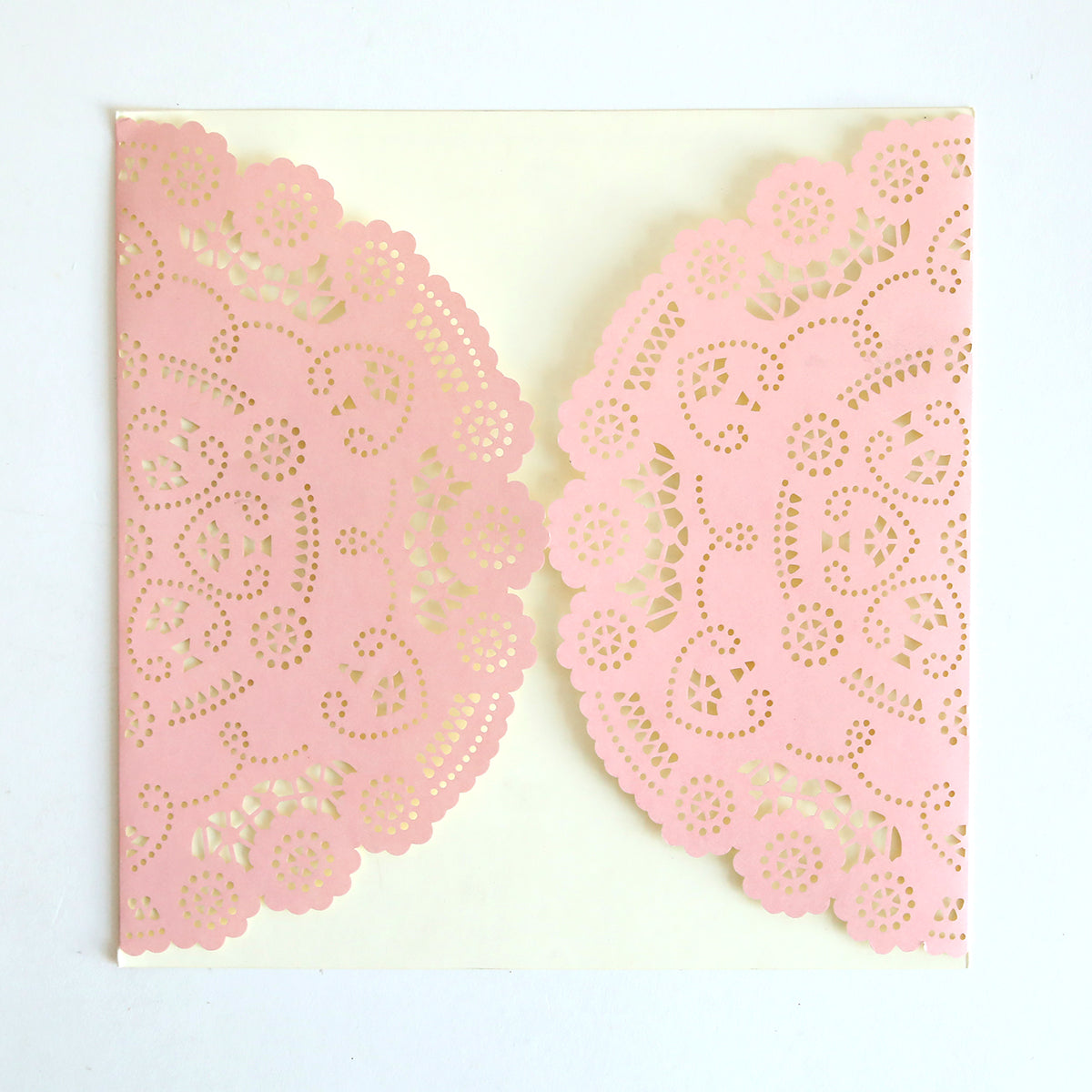 The Pink Lace Diecut Gatefold 10 pack includes cream square cards with two semi-circular pink lace gatefolds on each side, ideal for creating elegant wedding invitations.