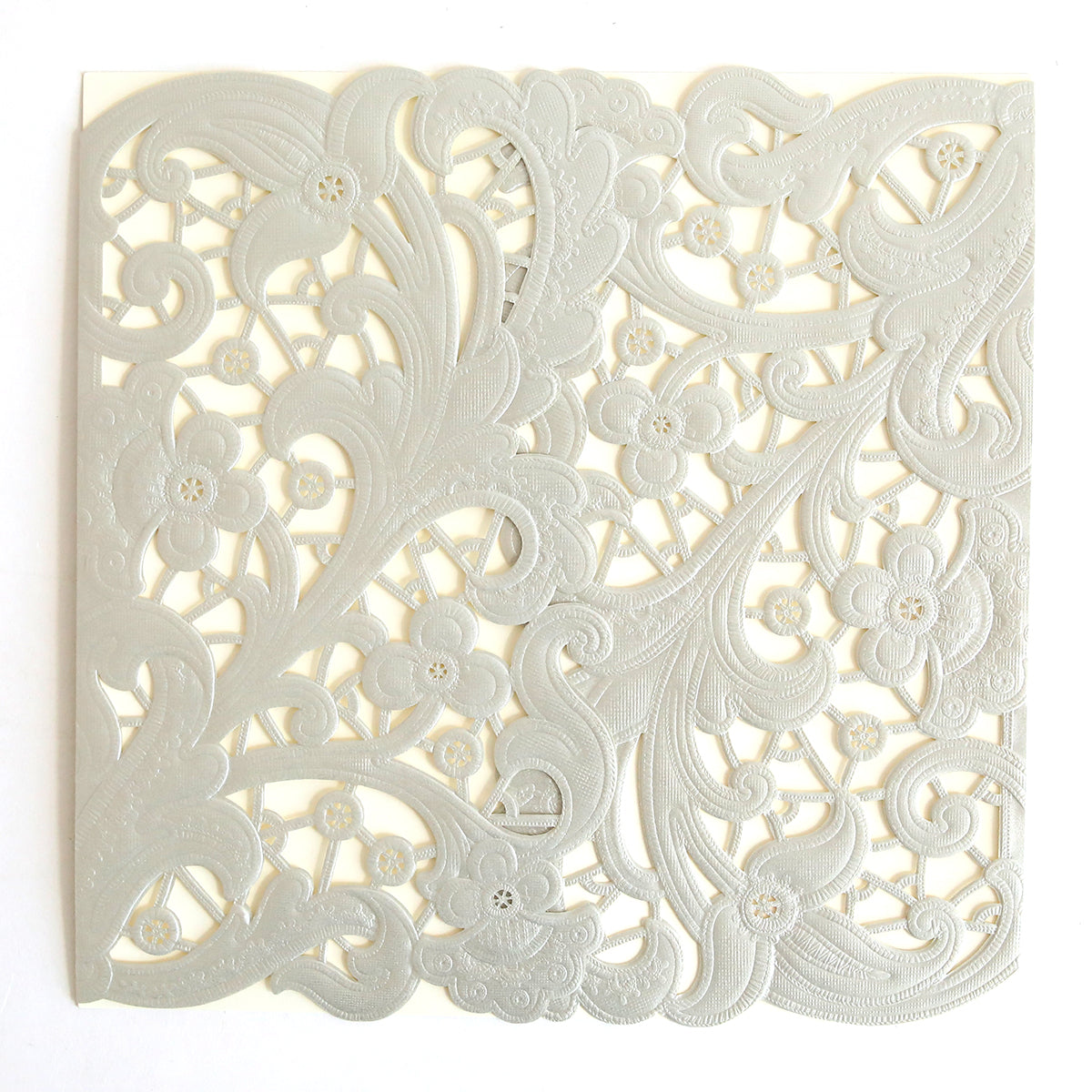 The Silver Embossed Lace Gatefold 10 pack features square, intricately cut paper with floral and swirling patterns in a pearly silver hue, perfect for elegant wedding invitations, shown laid flat on a white background.