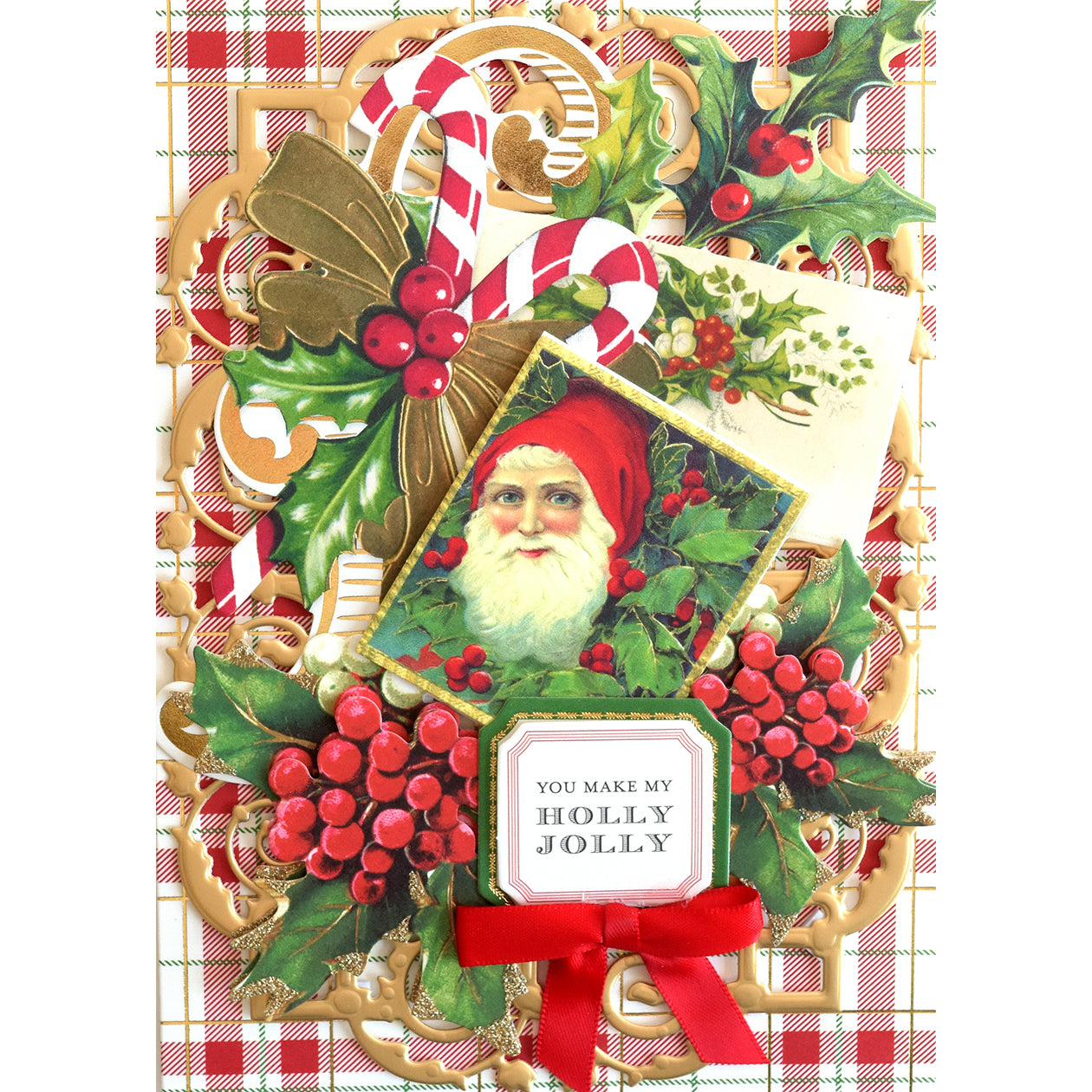 Pair this festive vintage Santa card, featuring holly, a candy cane, red ribbon, and the message “You Make My Holly Jolly,” with our Santa & Sentiment Stickers for the perfect holiday greeting.