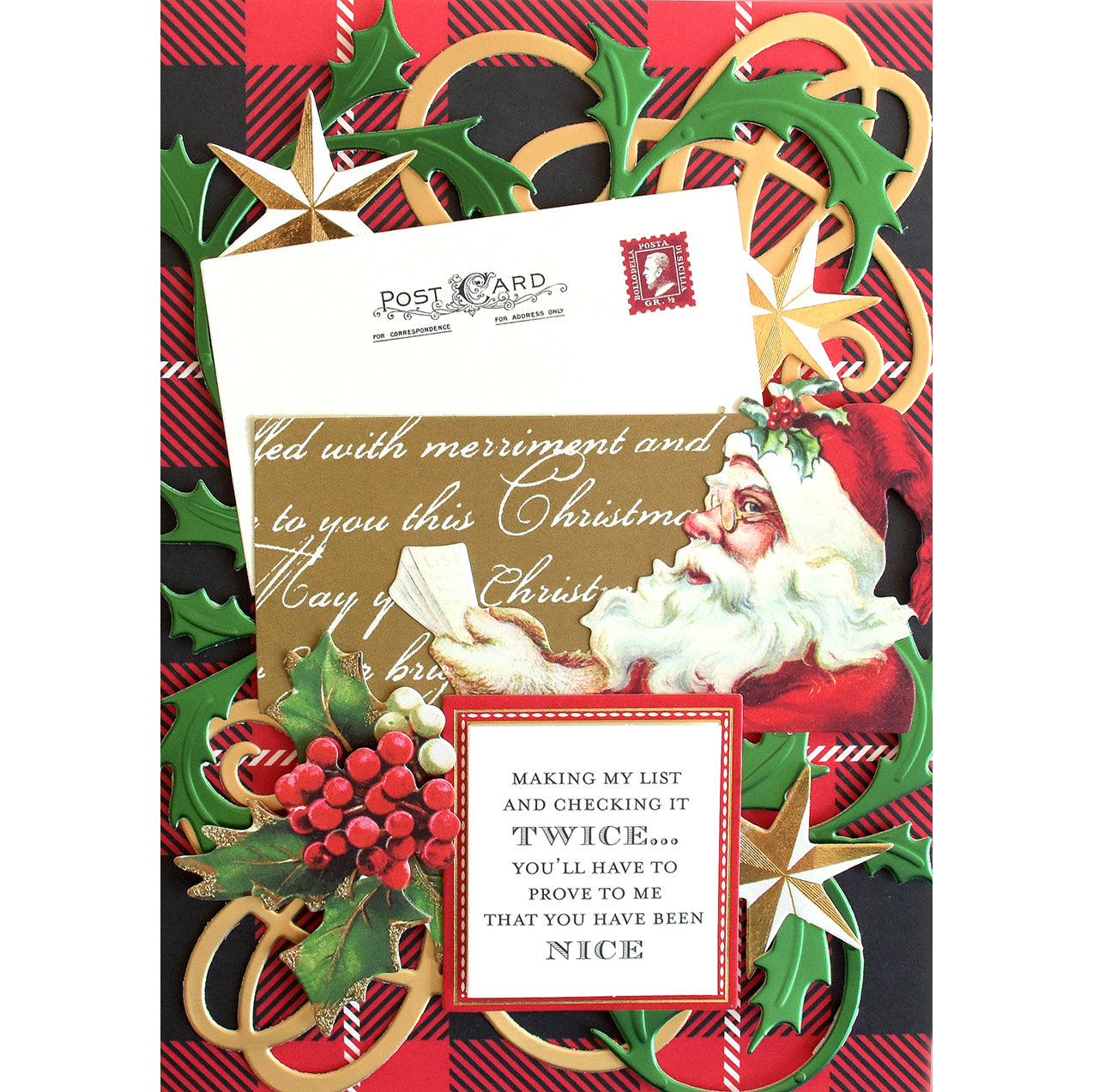 The Santa & Sentiment Stickers feature Santa reading a letter, surrounded by holly, gold stars, and green décor—perfect for festive cards with a note about making a list and checking it twice.