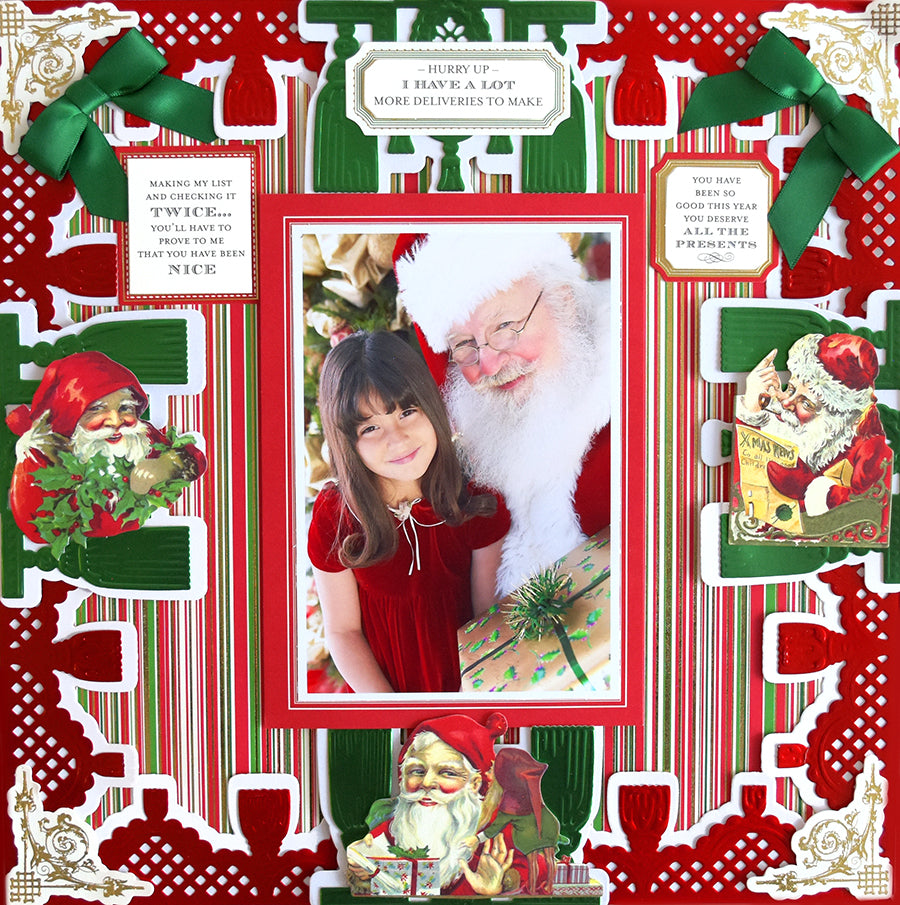 A young girl in a red dress poses with Santa Claus, surrounded by festive decorations, gifts, and Santa & Sentiment Stickers featuring vintage designs and holiday messages.