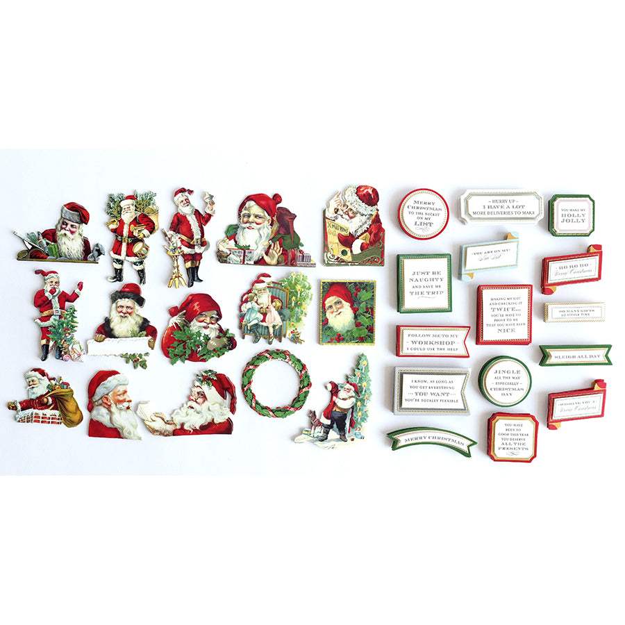 Santa & Sentiment Stickers feature vintage Santa designs and holiday-themed text labels, perfect accents for Christmas cards and festive crafts. All stickers are arranged on a white background.