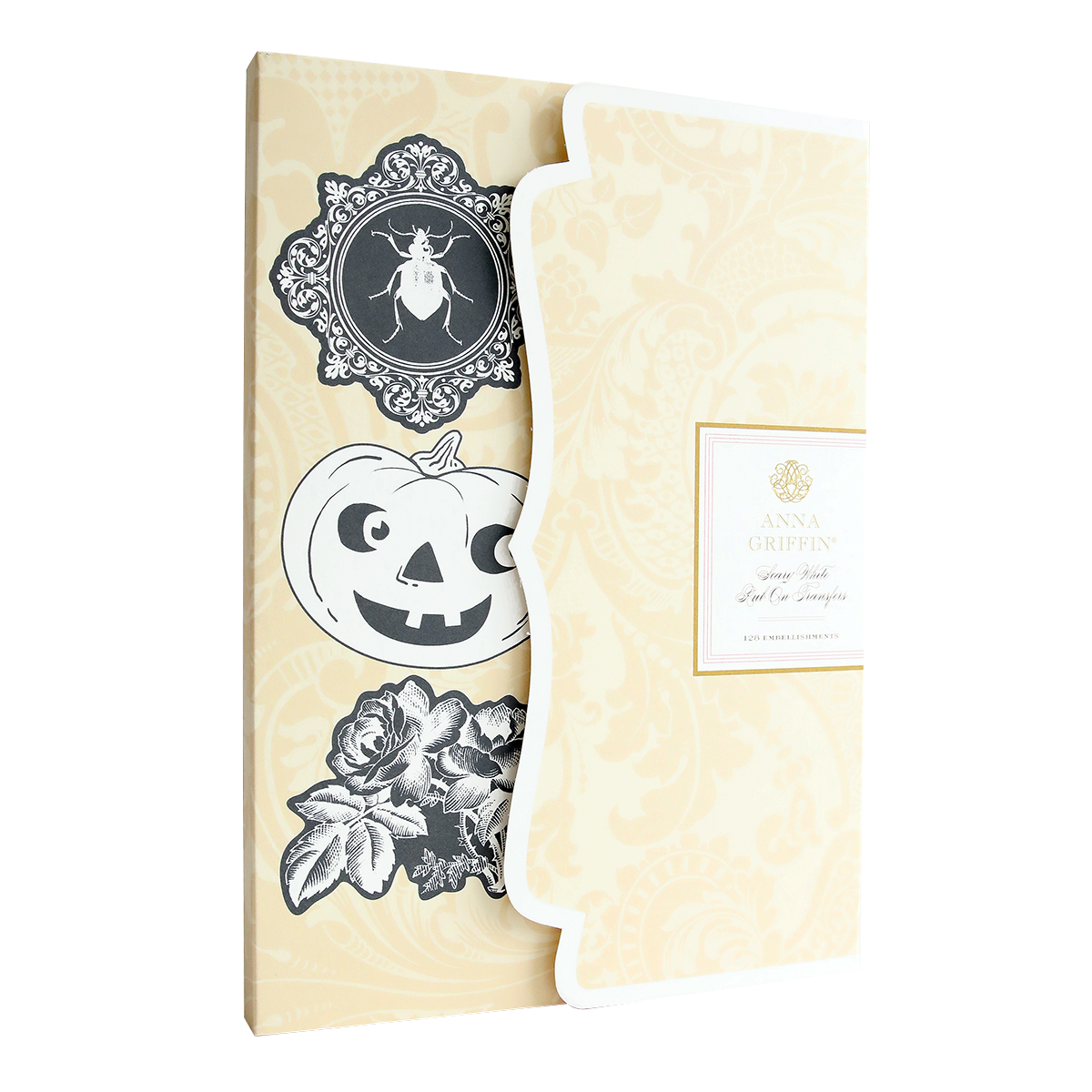 A beige Anna Griffin paper pack featuring the "Scary White Rub On Transfers" with various black and white Halloween-themed cutouts, including a pumpkin, a beetle, and a rose—perfect for creating handmade cards.