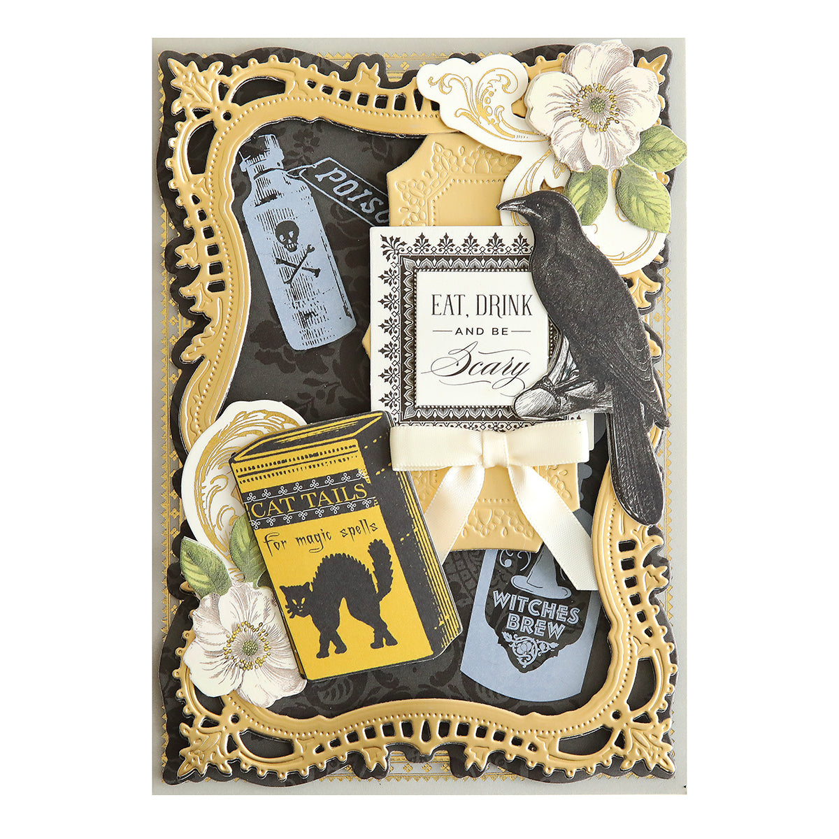 An intricate, Halloween-themed handmade card showcasing vintage-style elements like a "Poison" bottle, raven, flowers, a book titled "Cat Tales for magic spells," and text that reads "Eat, Drink and Be Scary." Enhanced with spooky details using the Scary White Rub On Transfers.
