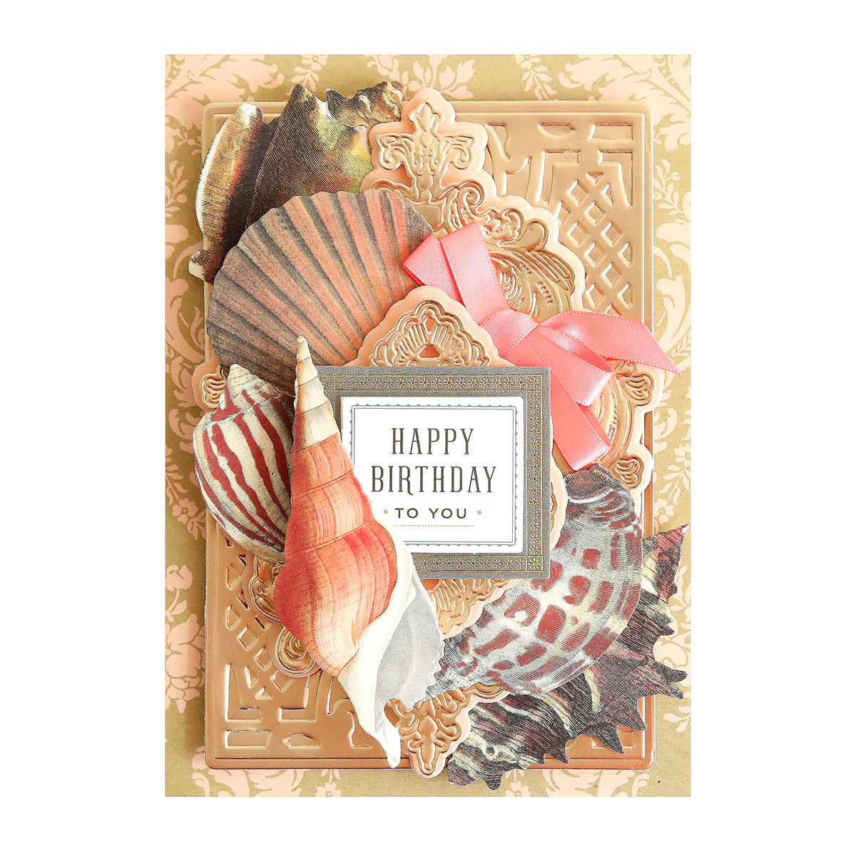 Sea Treasure Stickers add a decorative touch with 3D seashell illustrations, an ornate gold frame, a pink ribbon, and "Happy Birthday to You" in the center.