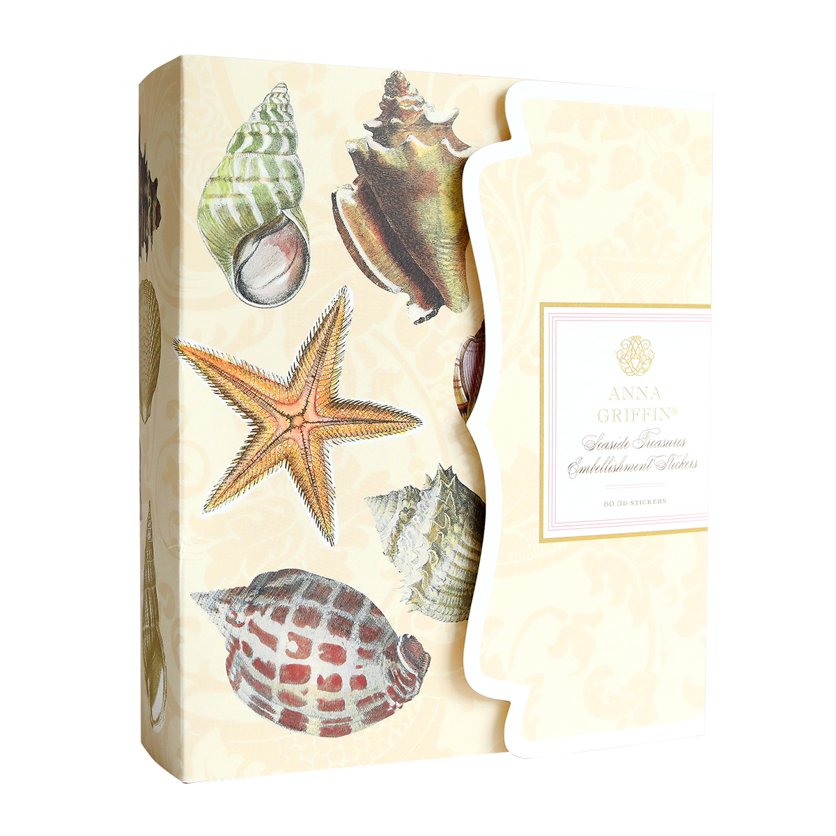 A decorative box featuring 3D Seaside Treasures illustrations of seashells and a starfish, labeled "Sea Treasure Stickers" on the front.