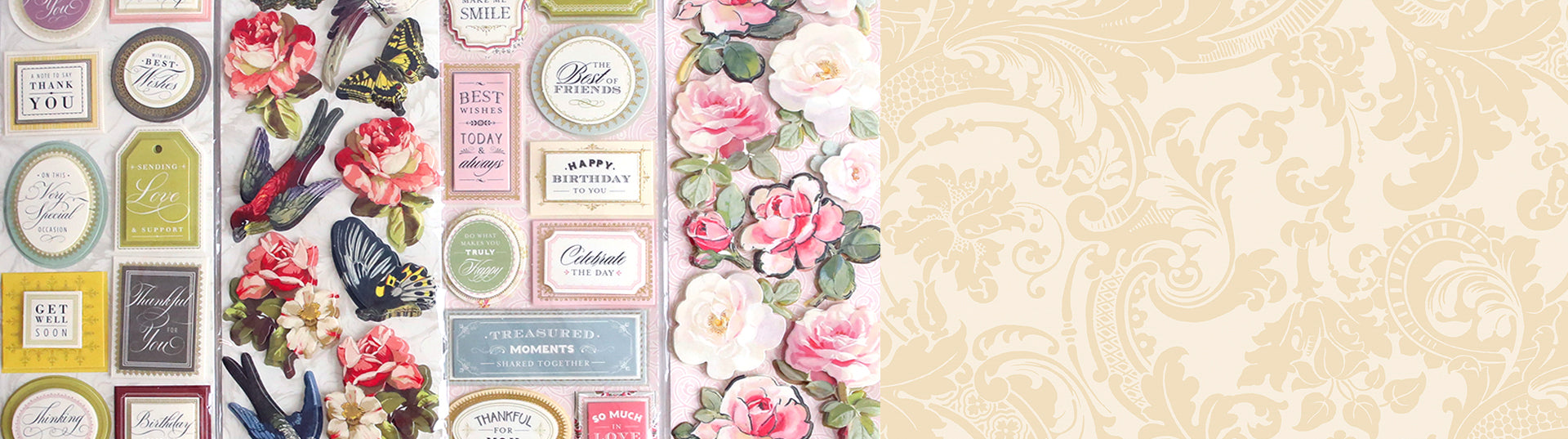 A collection of decorative stickers featuring birds, flowers, and various positive messages such as "Happy Birthday to You," "Best Wishes," and "Memories are Forever.