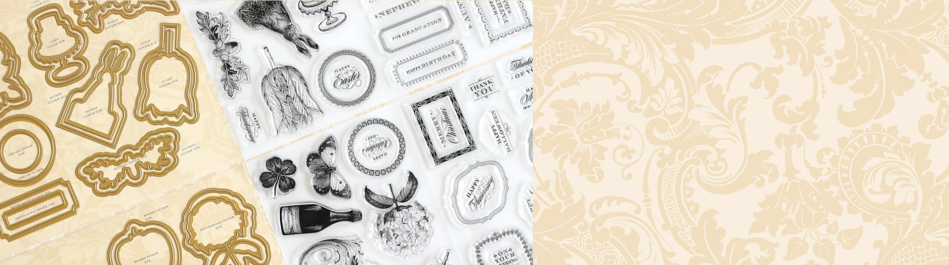 Assorted adhesive stamps and die cuts featuring images like a turkey drumstick, cake, wine bottle, flowers, and various decorative labels and greetings organized on a white surface.