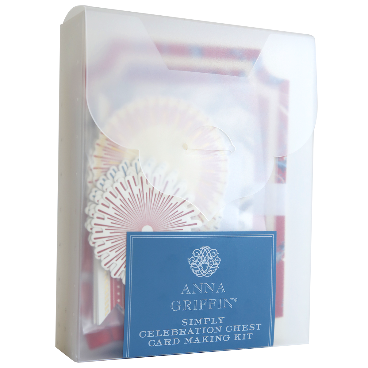 A transparent box with a blue label on the front holds the Simply Celebration Chest Card Making Kit, featuring 3D embellishments to create beautiful dimensional cards.