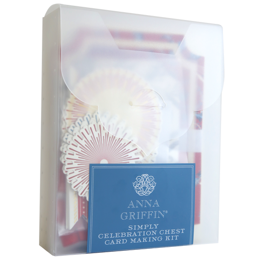 A transparent box with a blue label on the front holds the Simply Celebration Chest Card Making Kit, featuring 3D embellishments to create beautiful dimensional cards.